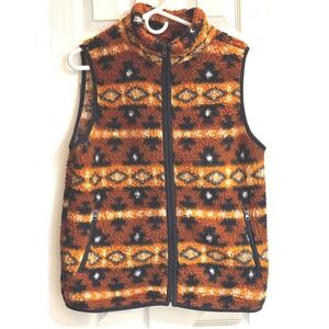 Sabrina Lauren Orange Sherpa Fleece Vest Southwestern Aztec Print Womens Medium